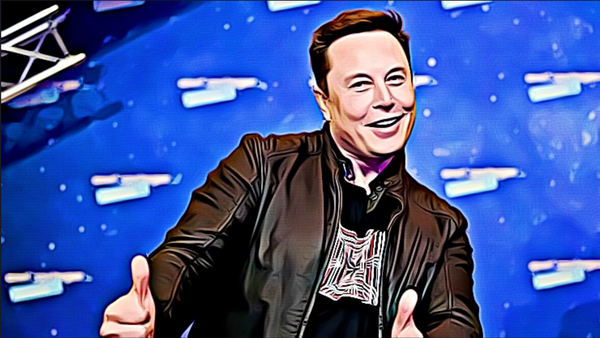 Elon Musk thumbs upping in front of spaceships in the background